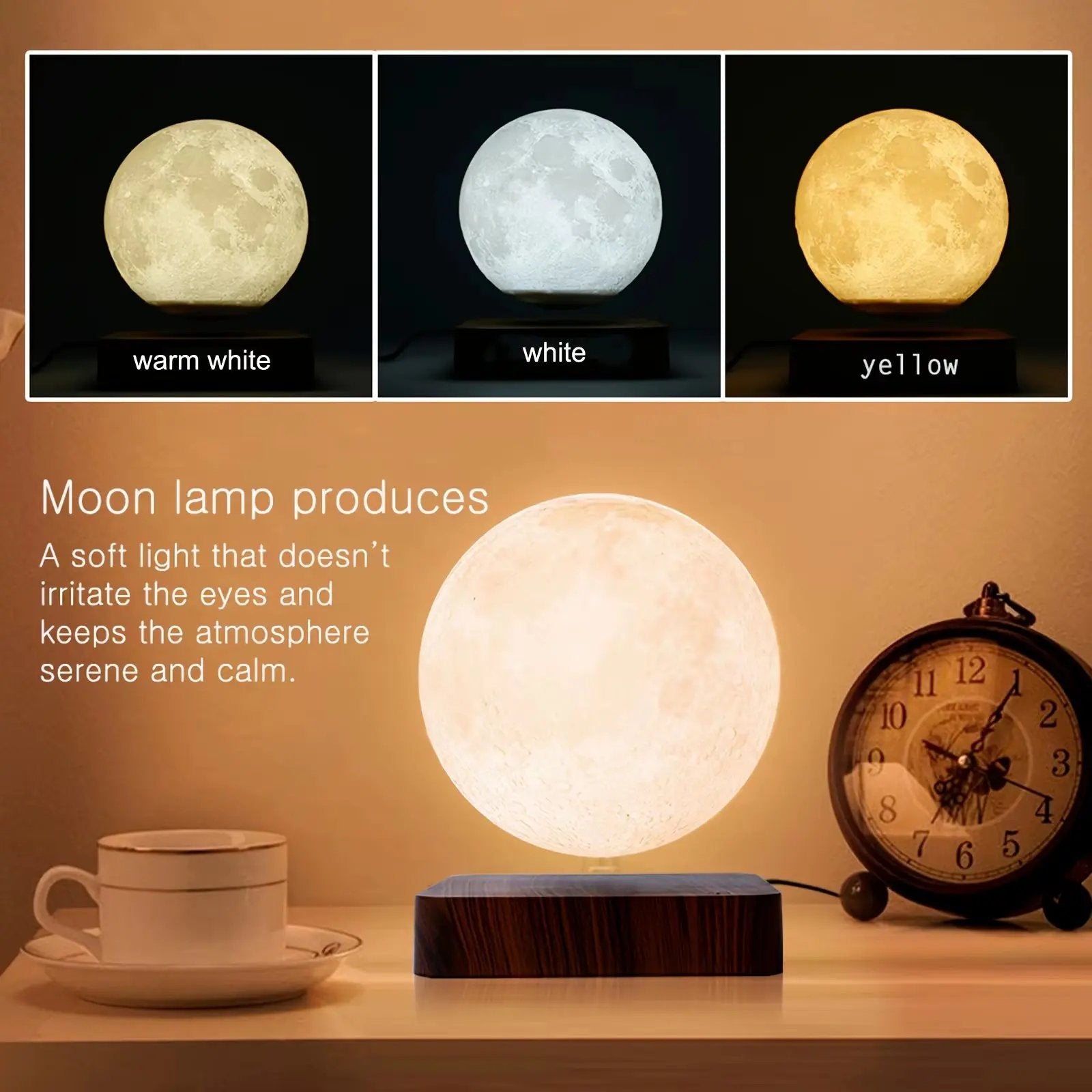 Magnetic Floating Rotating Moon Lamp with Wooden Base, 3 Color Temperature LED Night Lights of Print 3D for Unique Gifts, Room