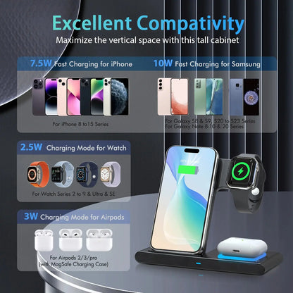 3-in-1 Magnetic Wireless Charging Station – Foldable 18W Fast Charger for iPhone 12-16, Apple Watch & AirPods