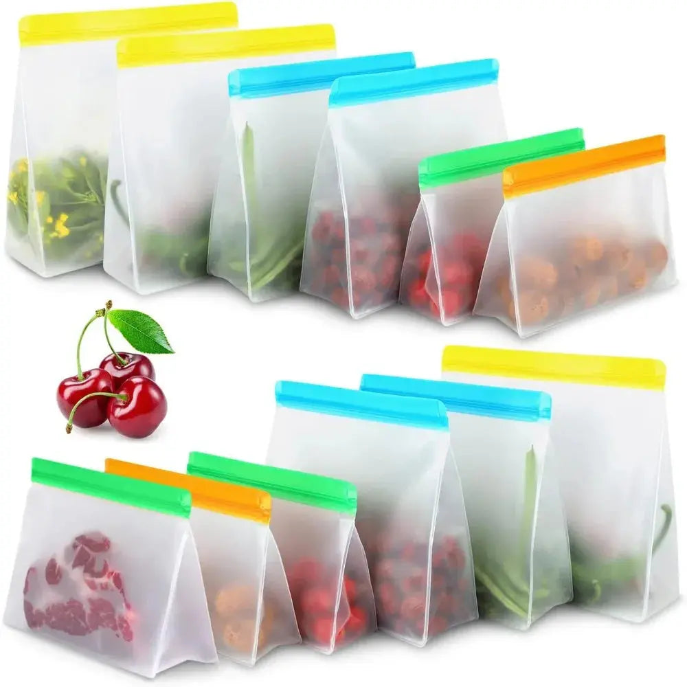 3Pcs Reusable PEVA Silicone Food Bags – Leakproof Stand-Up Freezer & Fresh-Keeping Zip Lock Bags