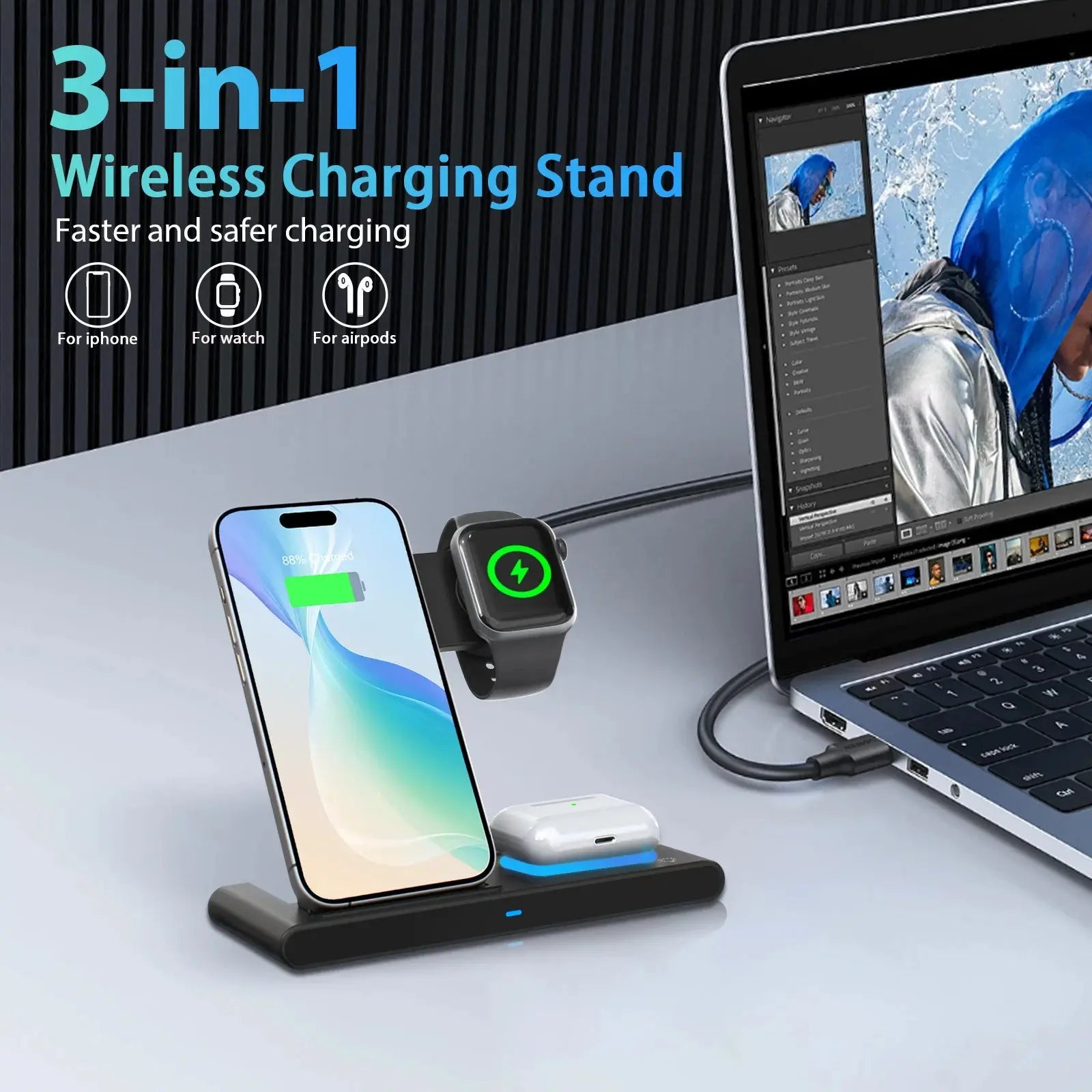 3-in-1 Magnetic Wireless Charging Station – Foldable 18W Fast Charger for iPhone 12-16, Apple Watch & AirPods
