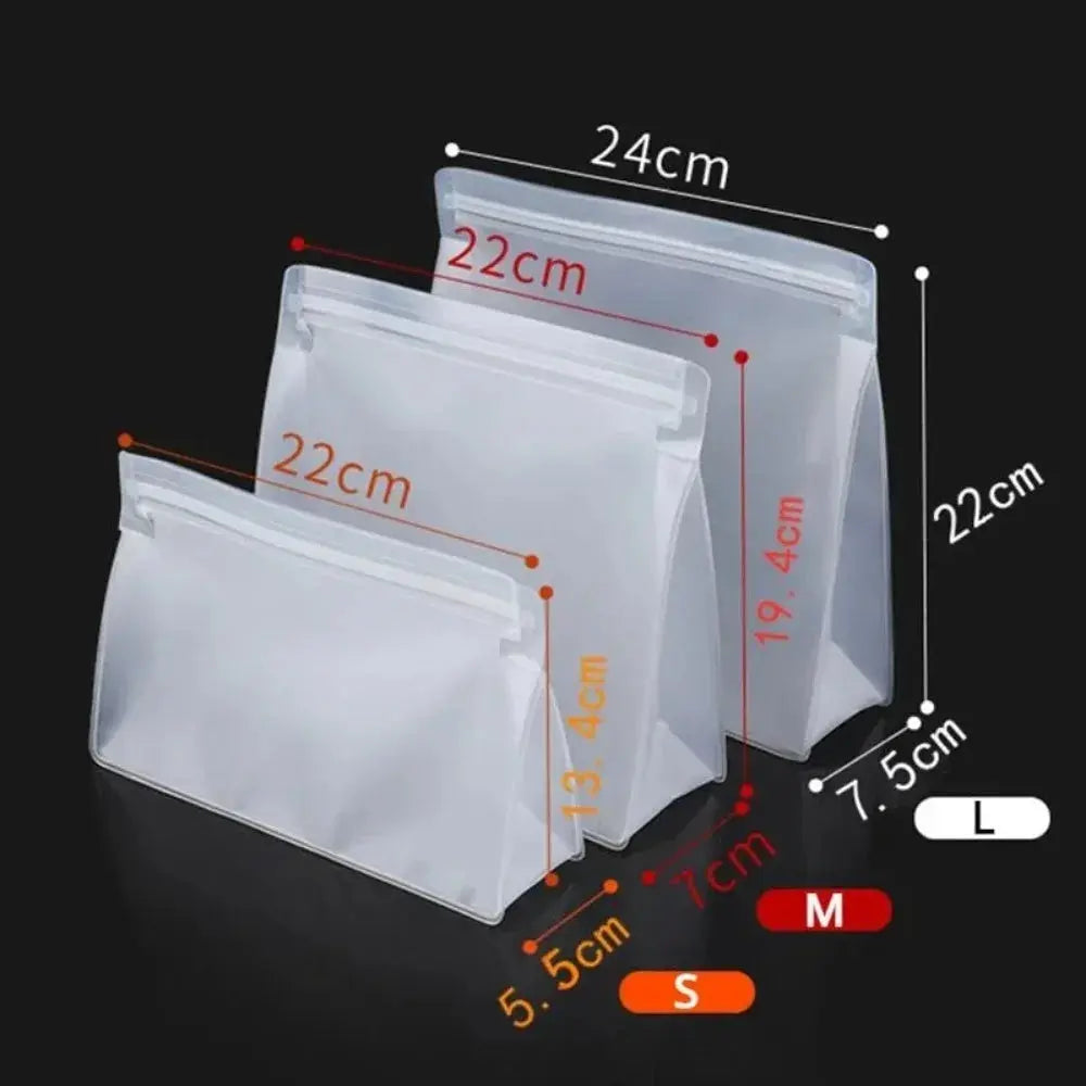 3Pcs Reusable PEVA Silicone Food Bags – Leakproof Stand-Up Freezer & Fresh-Keeping Zip Lock Bags