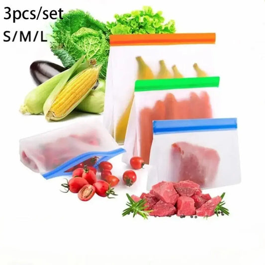3Pcs Reusable PEVA Silicone Food Bags – Leakproof Stand-Up Freezer & Fresh-Keeping Zip Lock Bags
