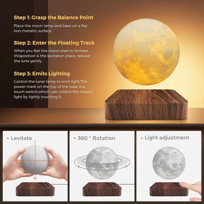 Magnetic Floating Rotating Moon Lamp with Wooden Base, 3 Color Temperature LED Night Lights of Print 3D for Unique Gifts, Room